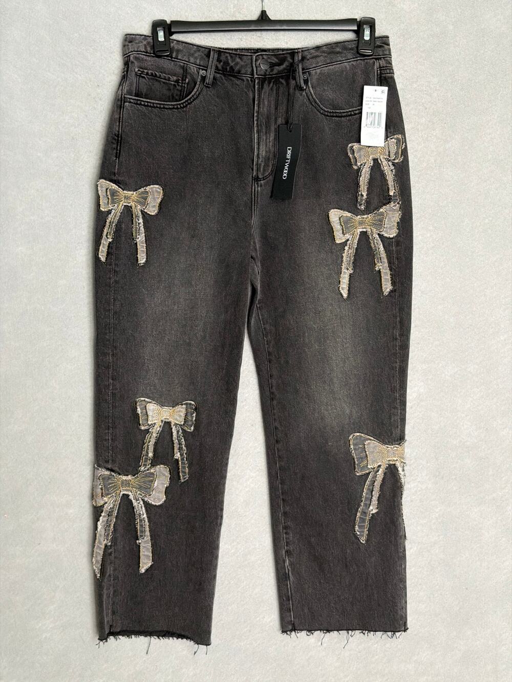 Driftwood Royce Patchwork 3D Bow Jeans Straight Ankle Grey Wash Women's 30 NEW